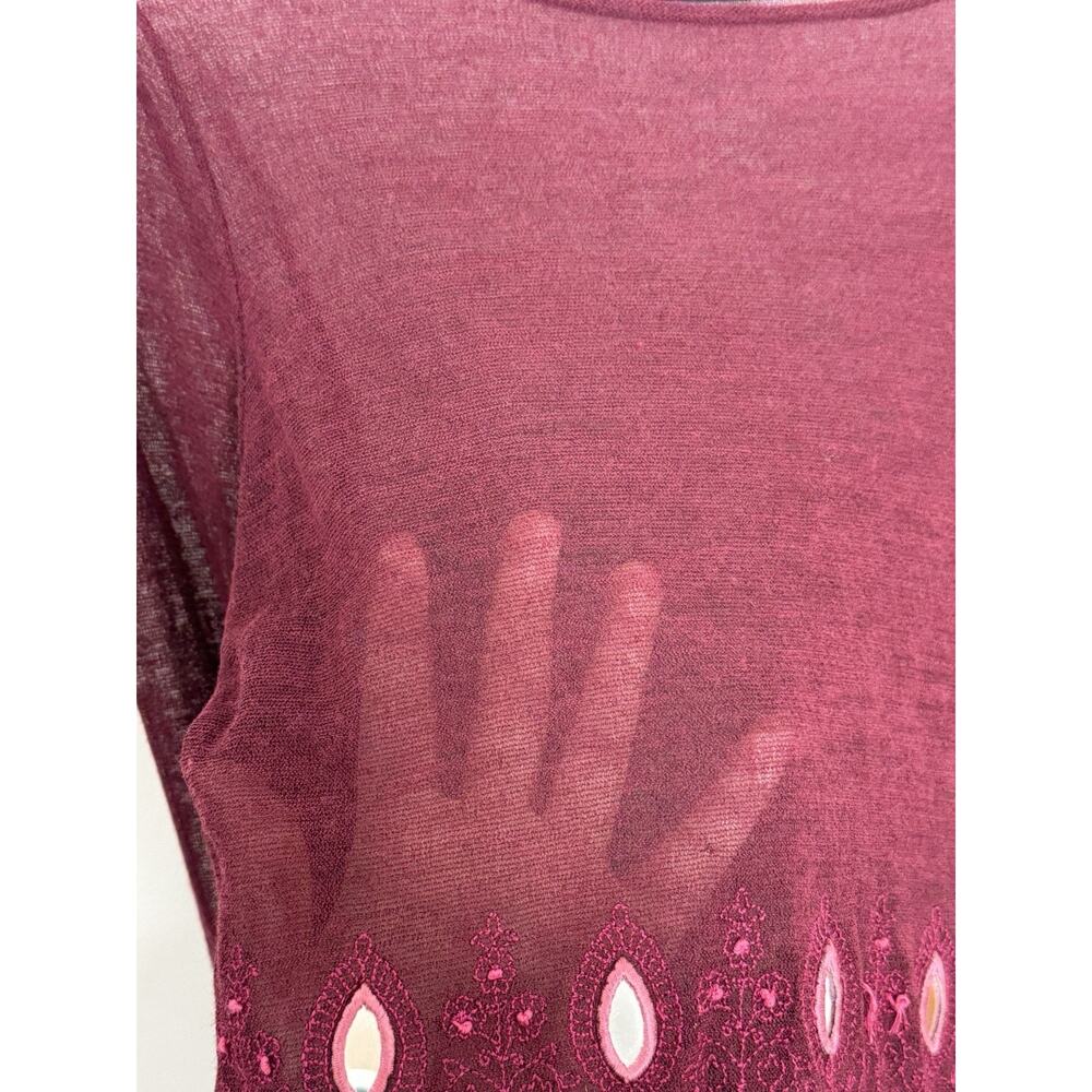 Karen Millen Women's Maroon Embroidered Mesh Sheer Boho Blouse Size 10 - Picture 5 of 10